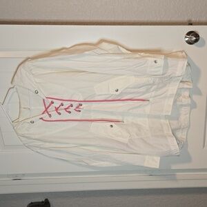 Free People White Pink Lace‎ up Poplin Pullover Hoodie Tunic Jacket XS / S